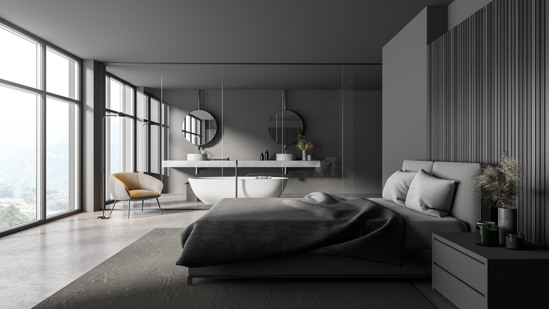 Interior,Of,Stylish,Bedroom,With,Gray,And,Wooden,Walls,,Concrete